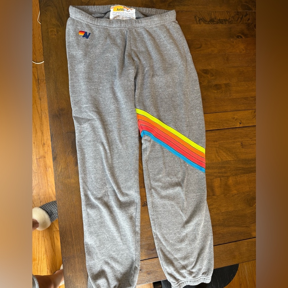 Aviator Nation Gray Track Pants with Rainbow Stripes